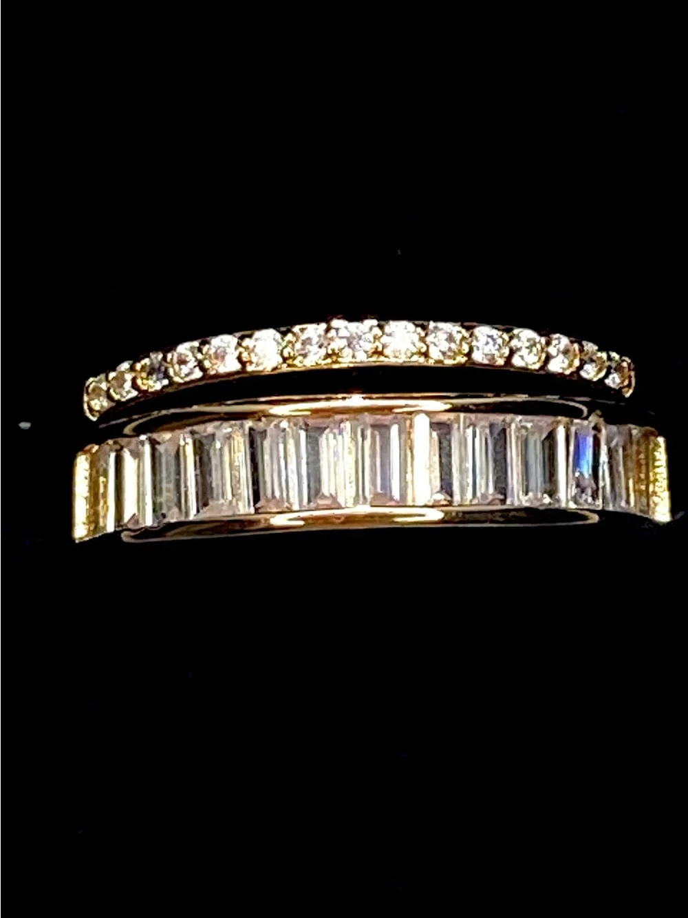 Gold Crystal Baguette and Pavé Stackable Rings w light box